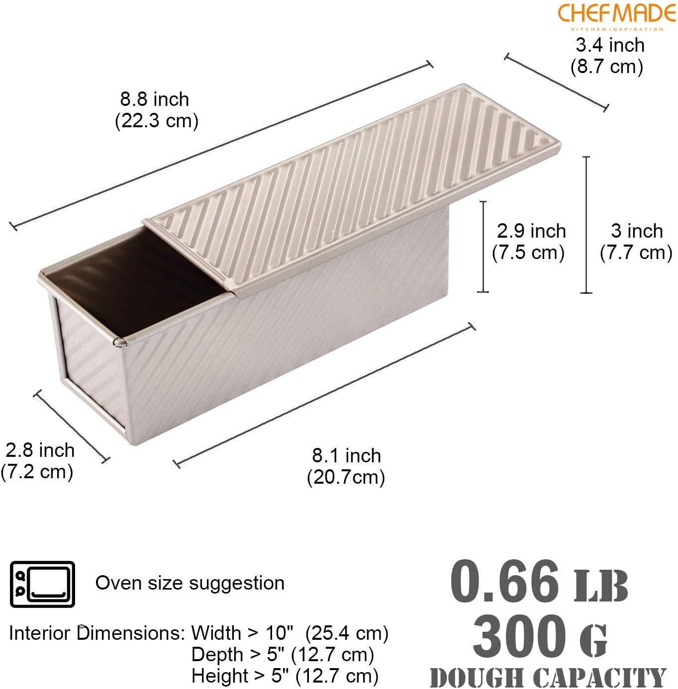 CHEFMADE Mini Pullman Loaf Pan with Lid, 0.66Lb Dough Capacity Non-Stick Rectangle Corrugated Toast Box for Oven Baking 2.8" x 8.1"x 2.8"(Champagne Gold)