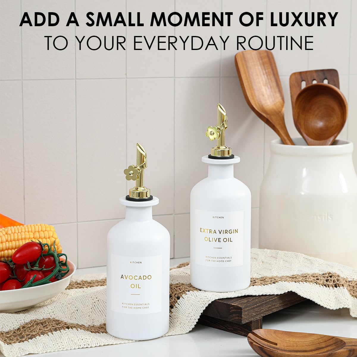 HOMCDALY Olive Oil Dispenser for Kitchen, 11.8oz Glass kitchen Dispenser Bottle, Gold Oil&Vinegar Cruet Set, Leakproof Oil Containers for Cooking| Set of 2 (11.8oz – Gold)