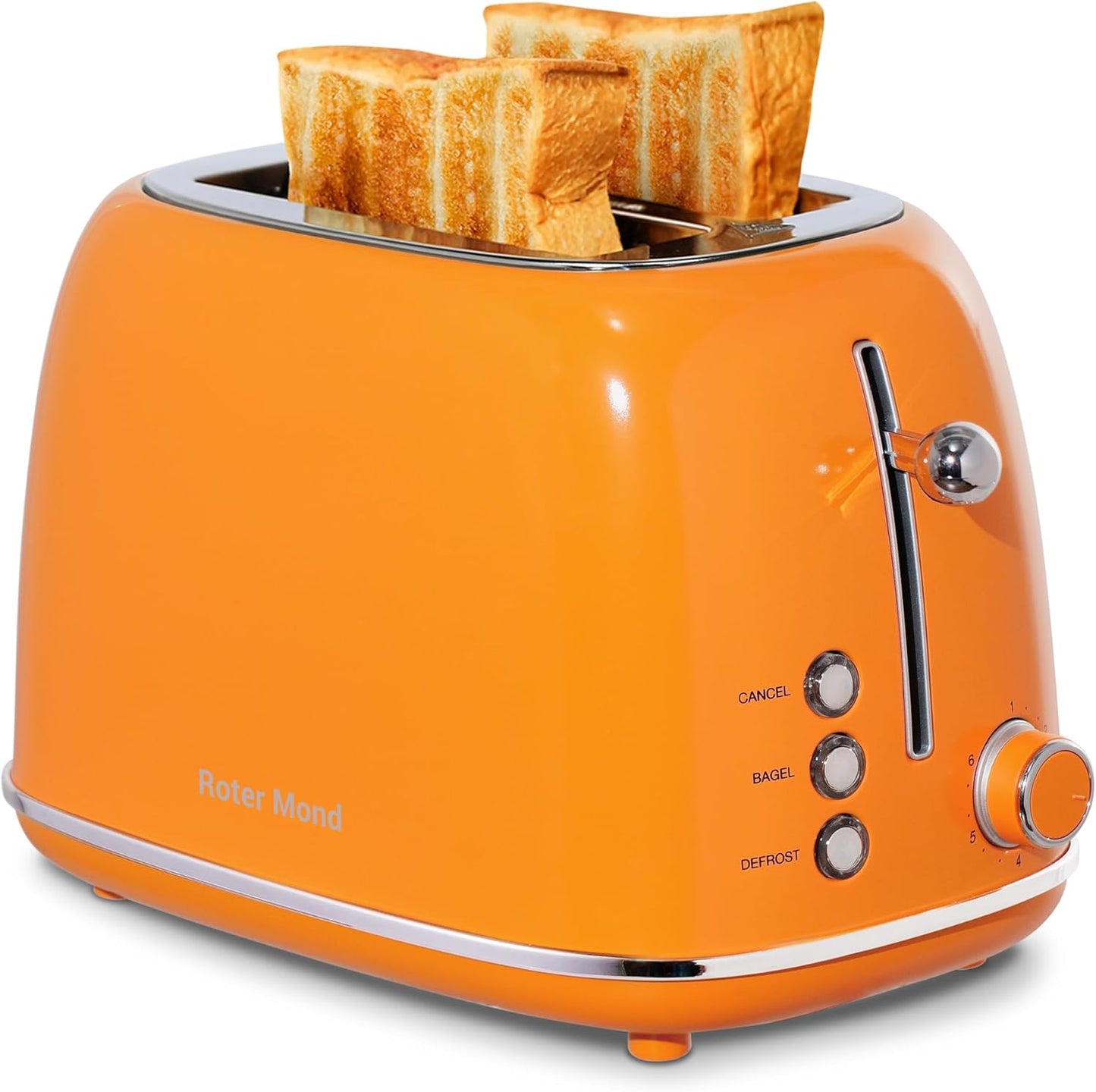 2 Slice Toaster Retro Stainless Steel with Bagel, Cancel, and Defrost Functions, 6 Bread Shade Settings, Extra Wide Slots and Removable Crumb Tray, Orange