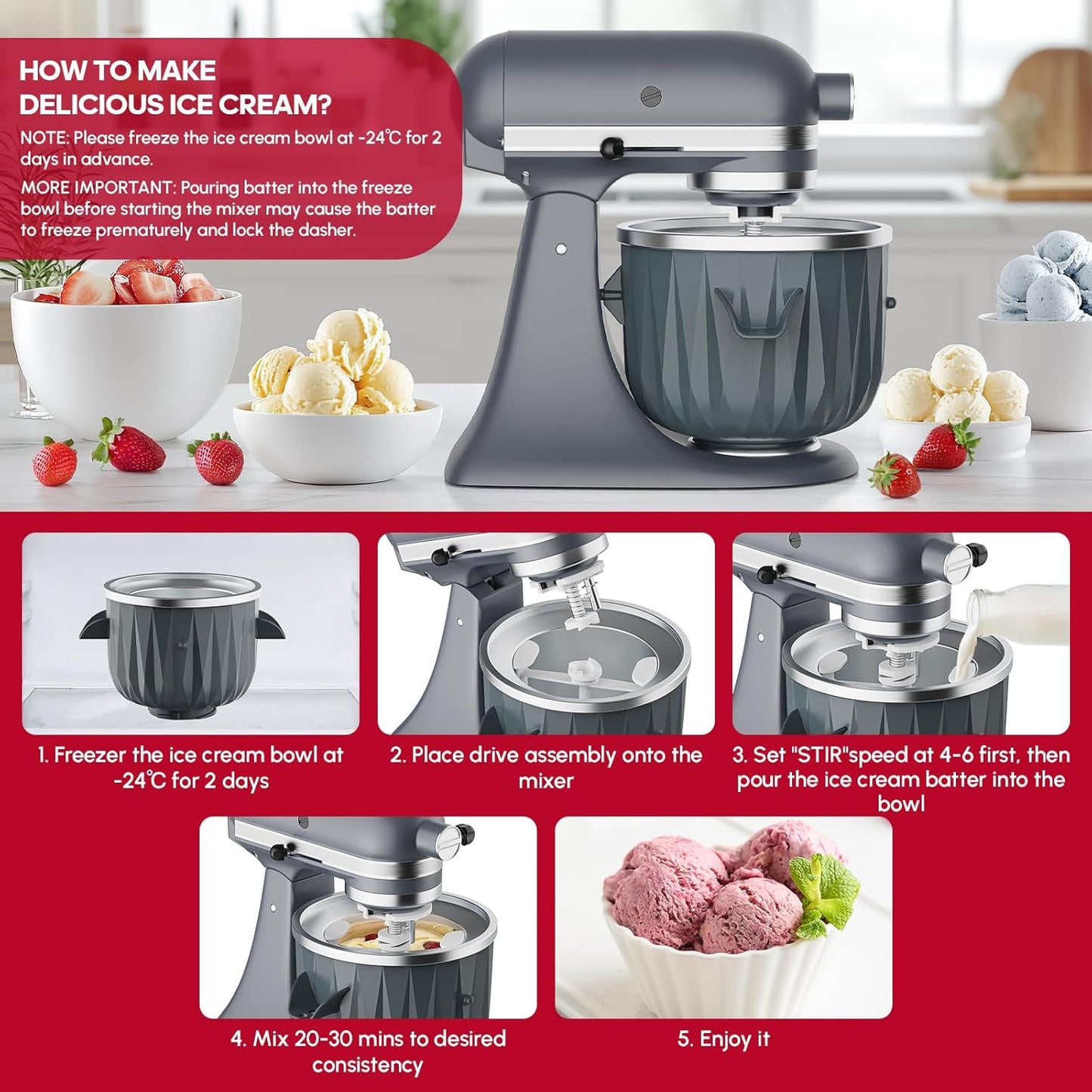 InnoMoon Ice Cream Maker Attachment for KitchenAid Stand Mixer, Compatible for Kitchenaid 4.5QT/5QT/6QT/7QT Stand Mixer, 2-Quart Frozen Yogurt, Sorbet Gelato Maker, Kitchen aid Ice Cream Maker (Gray)