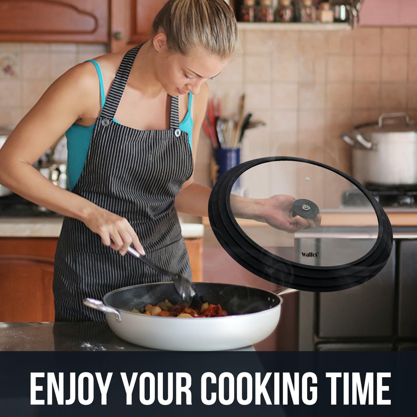 Walfos 2 Pcs Universal Pot Lids, Frying Pan Lid with Heat Resistant Silicone Rim, Fits All 10", 11", 12" to 13", 14", 15" Diameter Cookware, Pots, Pans and Skillets, BPA Free and Dishwasher Safe