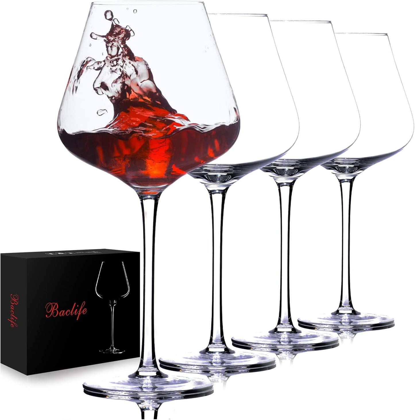 Hand Blown Red Wine Glasses Set of 4 – 23 oz Burgundy Wine Glasses With Long Stem – Large Premium Crystal Wine Glass – Unique Gift for Wedding, Anniversary, Mother’s Day – Clear