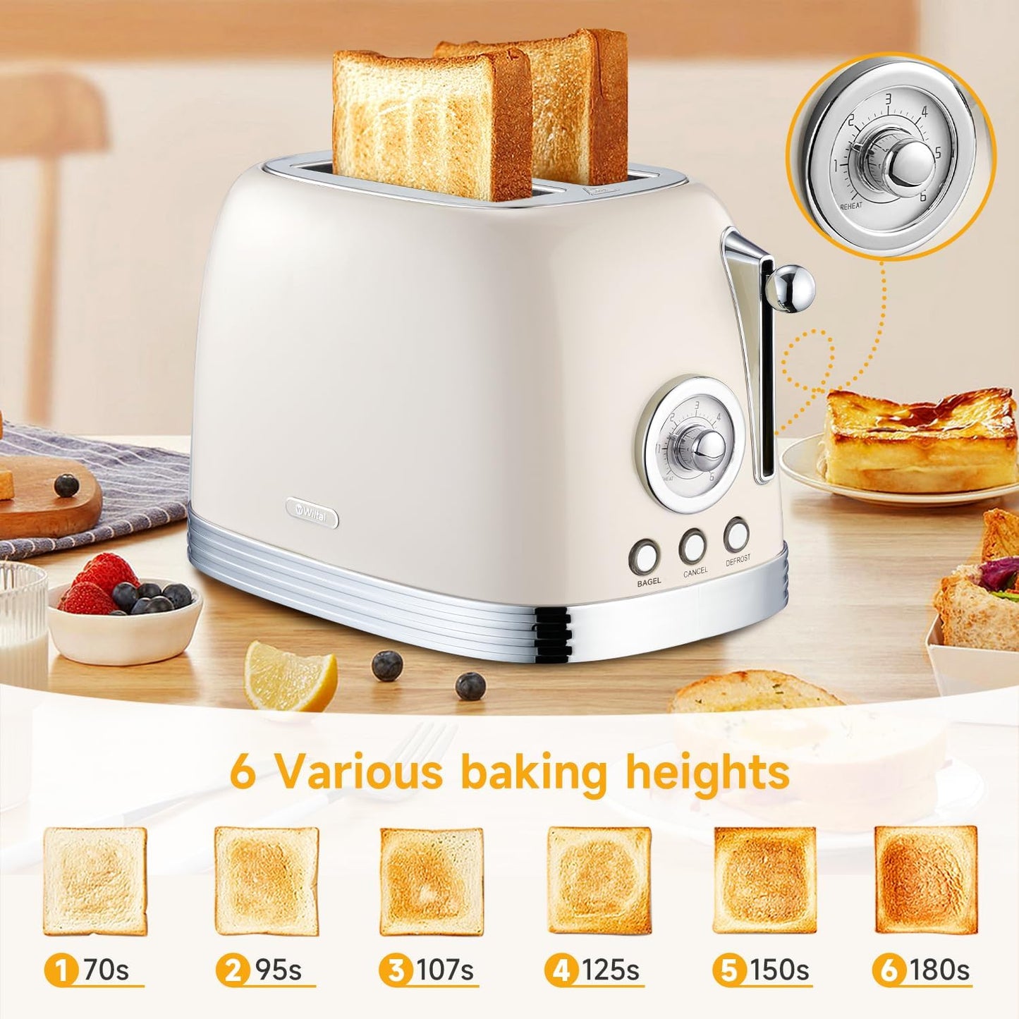 Beige Cute Retro Toaster 2 Slice with 1.58" Wide Slots, Bread toaster with Cover and Warm Rack, Stainless Steel Toaster with Removable Crumb Tray, Preheat, Defrost, Cancel Function (Cream)