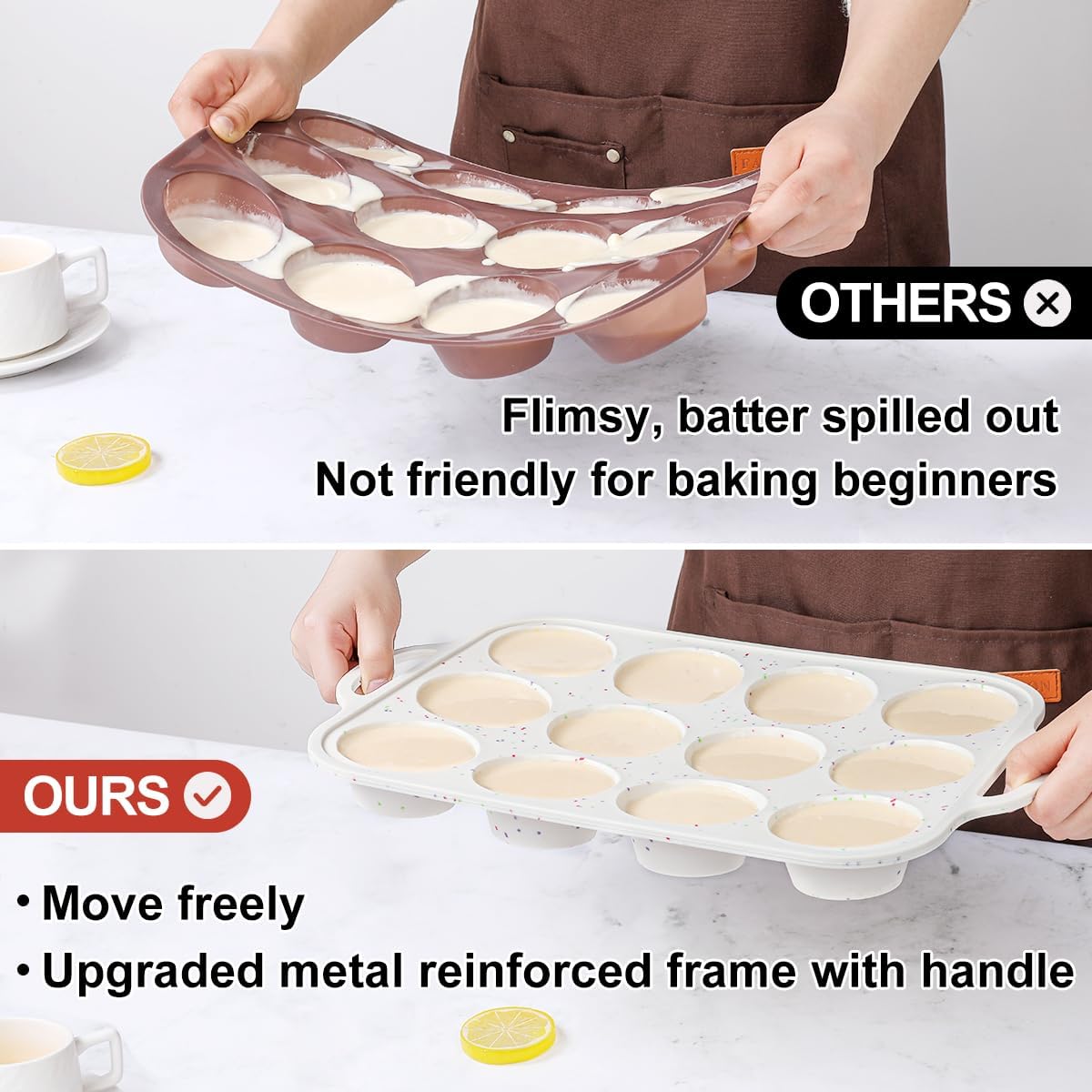 CAKETIME 12 Cups & 24 Cups Silicone Muffin Pan with Metal Frame, Regular & Mini Muffin Pan Set for Baking 2 Pack