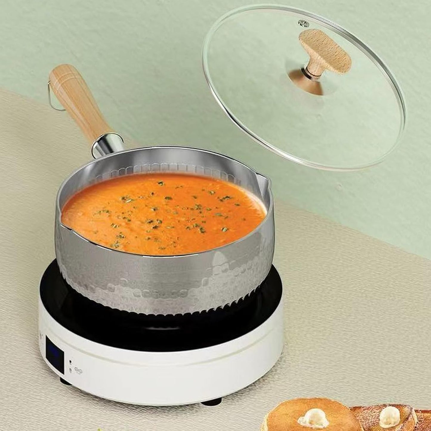 Thickened 304 Stainless Steel Pot, Solid Wood Anti Scald Handle With Hook, Multifunctional Sauce Pot with Inverted Mouth, Milk Pot, Cooking Pot (3.0 Quarts)