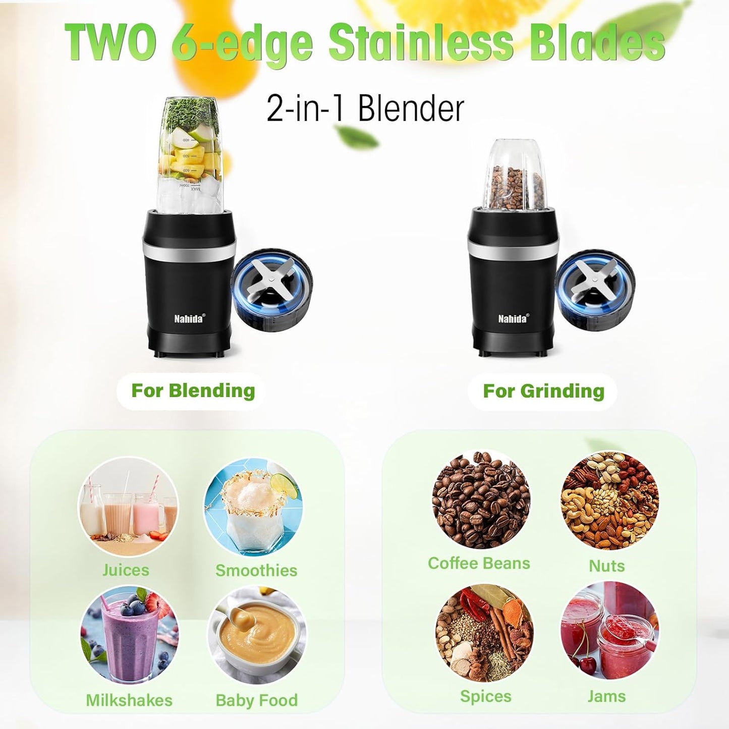 Nahida Blender for Smoothies, 1200W Smoothie Blender for Ices Crushing, Blenders with (2) 6-Fin Blades, Personal Blenders for Kitchen with 23oz, 32oz, 37oz Easy Go Cups for Juices, Black