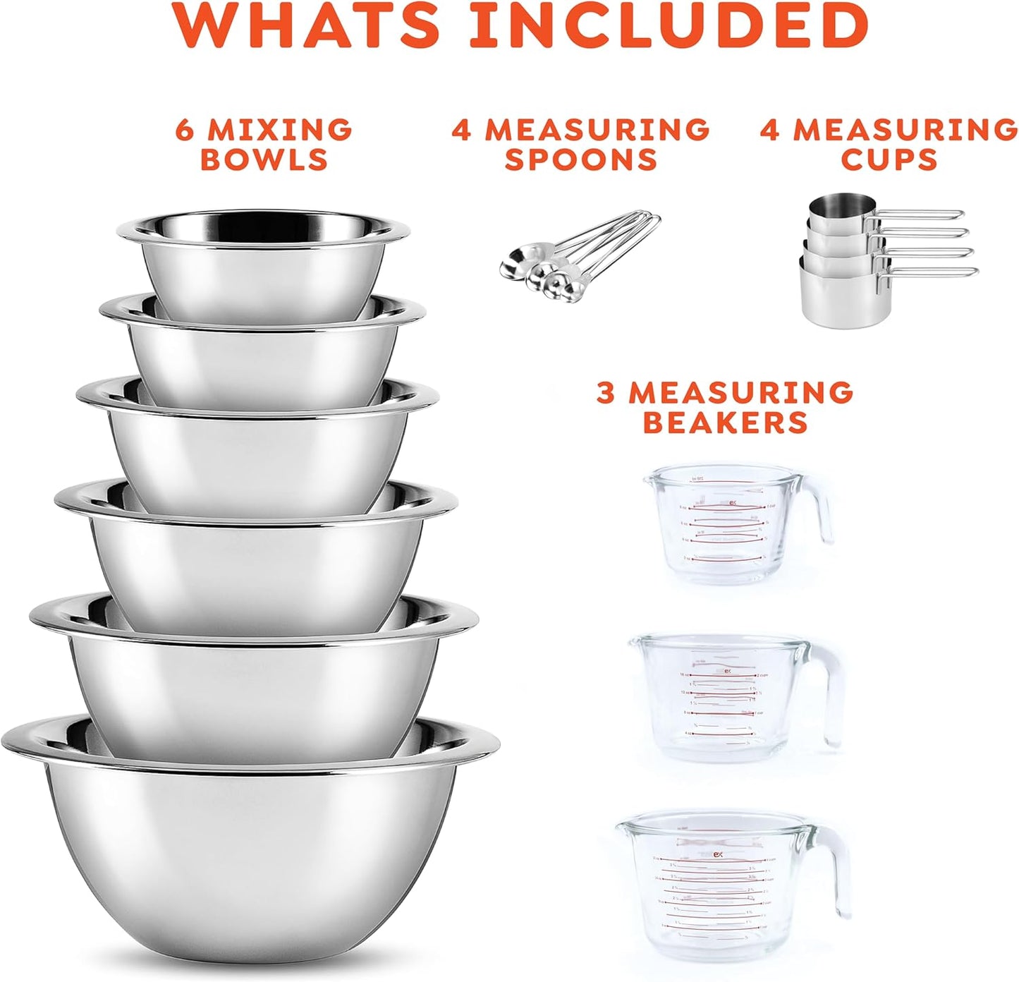 Eatex Mixing Bowls with Measuring Cups & Measuring Spoons 17 Piece Set - Nesting Stainless Steel Mixing Bowls Set for Kitchen, Measuring Spoons & Glass Liquid Measuring Cups, Dishwasher Safe Meal Prep