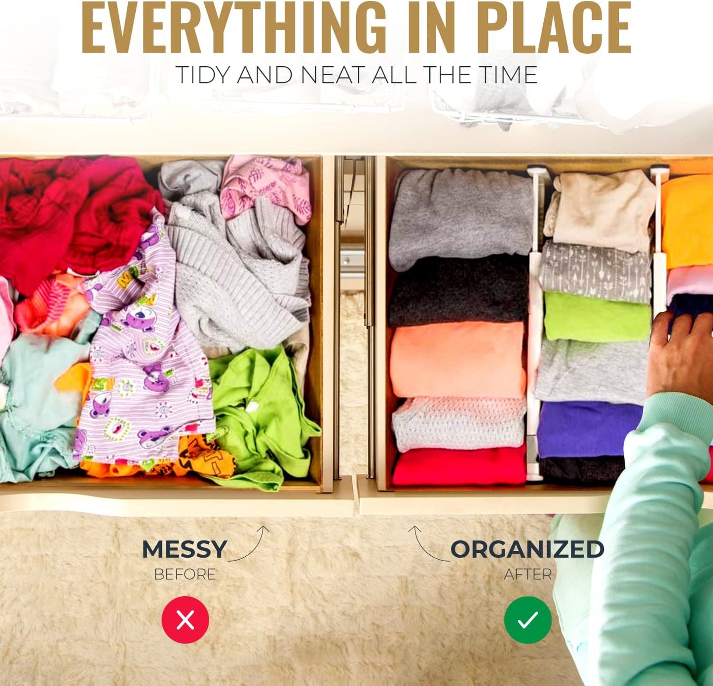 RAPTUROUS Adjustable Deep Drawer Divider – 6" Tall, Expandable 13-22", 4-Pack, Non-Slip Drawer Dividers for Clothes, Dresser, Kitchen & Office Organization (White)