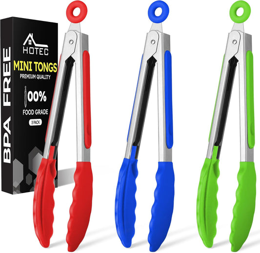 Hotec Mini Silicone Kitchen Tongs for Cooking - 7-Inch Small Serving Tongs with Silicone Tips, Set of 3 (Red,Blue,Green)