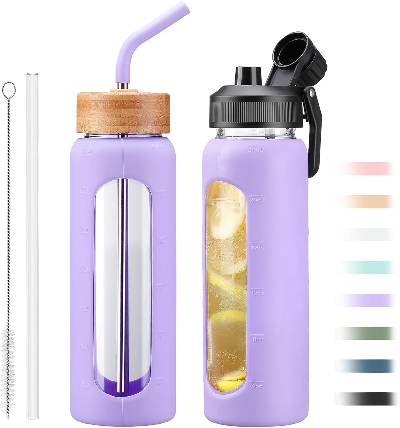 Glass Water Bottle with Straw, 24oz Glass Drinking Bottle with 2 Lids-Bamboo and Spout Lid with Phone Holder Handle for Gym Sports,with Silicone Sleeve and Time Marker,Purple