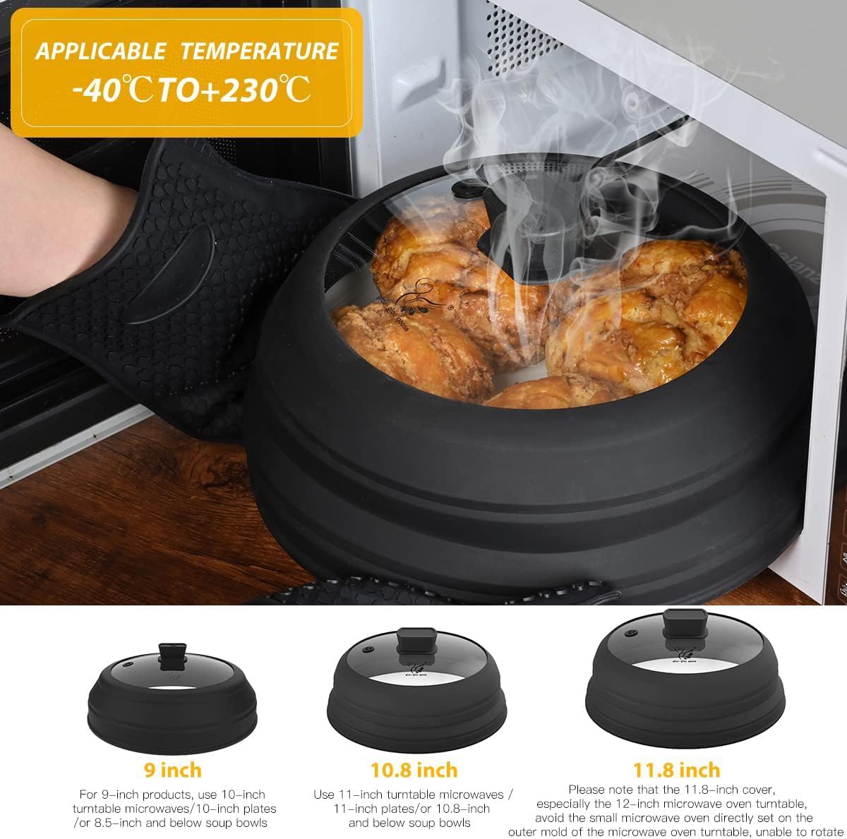 Microwave Splatter Cover Glass Cover Splatter Guard Lid with Collapsible Silicone for Food Cover Plate Cover 10.8 inch 2 Pack Black