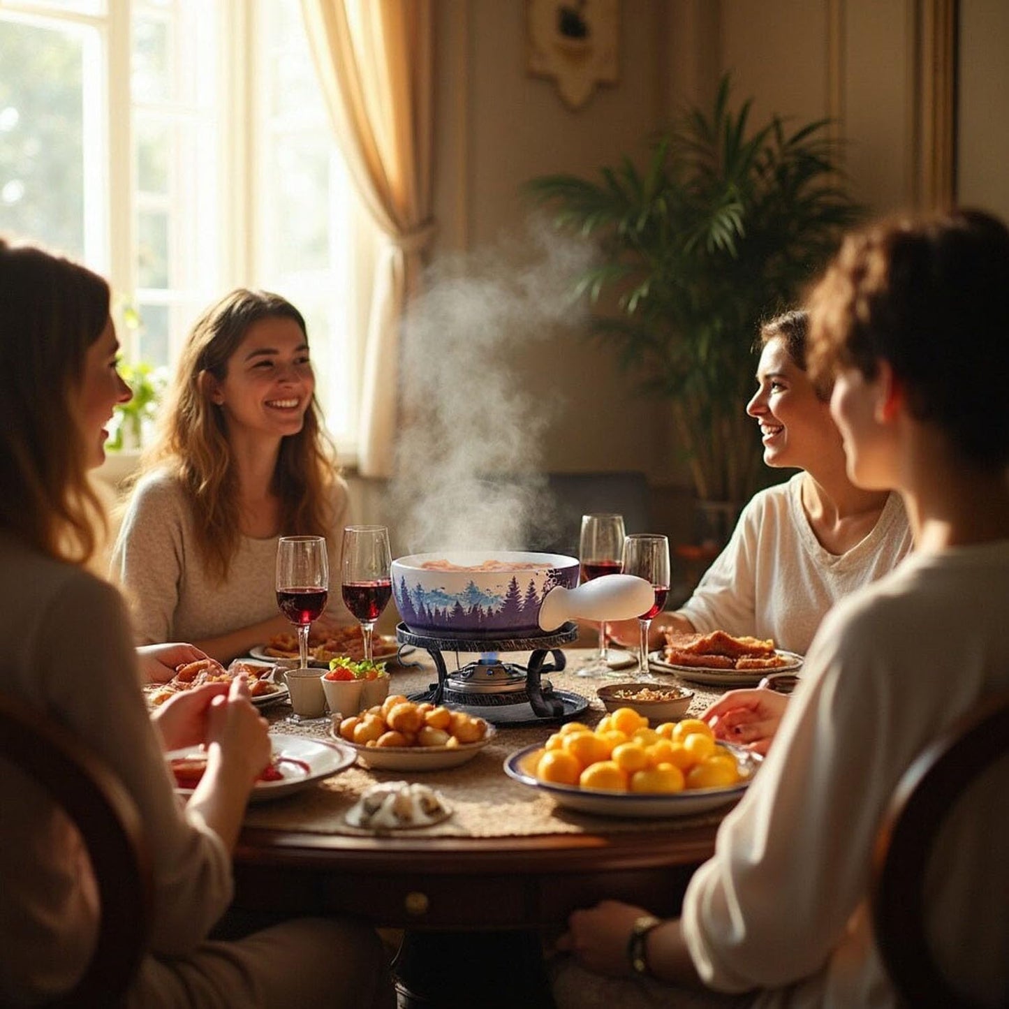 Artestia Serene Summits Swiss Design Fondue Set for Party - 2L Large Capacity Ceramic Fondue Pot Melting Cheese, Chocolate, 6 Fondue Forks, Fondue Party, Wedding Gifts