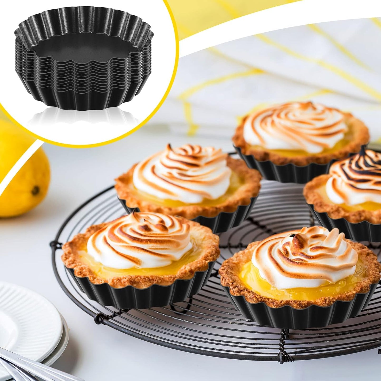Tessco 16 Pieces Mini Tart Pans with Removable Bottom Nonstick Quiche Mini Pie Tart Pans Bakeware Mold Fluted Side for Pies(Black Round,5 Inch)