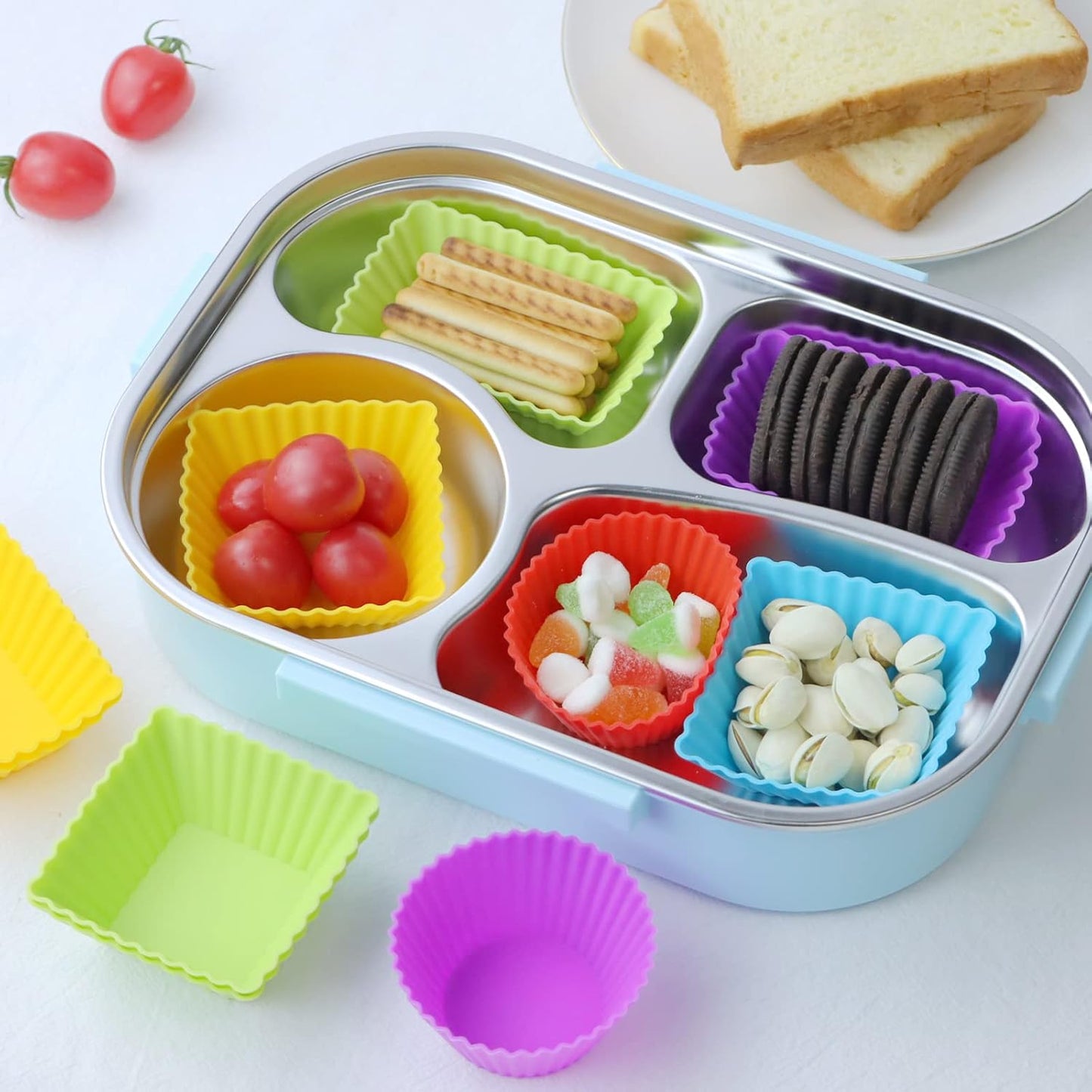 24-Pack Silicone Cupcake Liners, Reusable Muffin Cups – Round, Square & Rectangle Baking Cups, Non-Stick, Easy to Clean, Bento Box Accessories, Lunch Box Dividers for Kids(24 Liners + 20 Animal Picks)