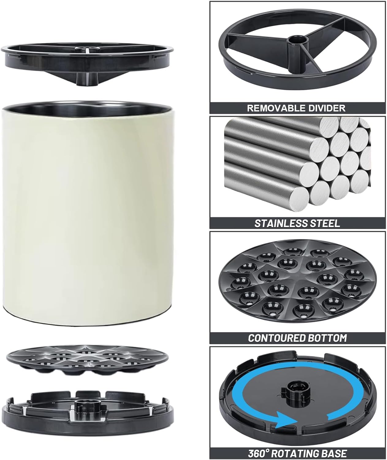 Kitchen Utensil Holder - 360° Rotating Stainless Steel Countertop Organizer for Spoons, Spatulas & Cutlery Storage, Cooking Silverware Caddy with Removable Base, Beige