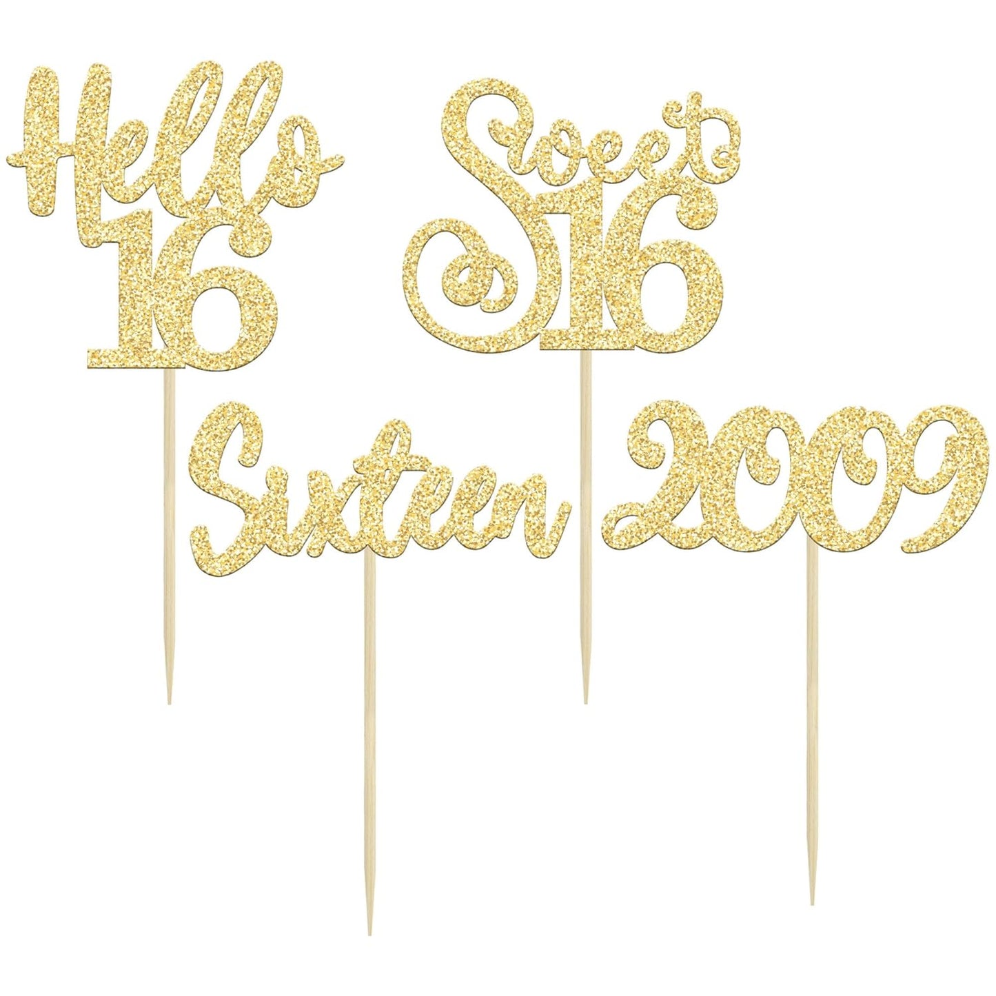 Gyufise 24pcs Sweet 16 Cupcake Toppers - Gold Glitter, Hello 16, Cupcake Picks, Cake Decorations for 16th Birthday Party Supplies