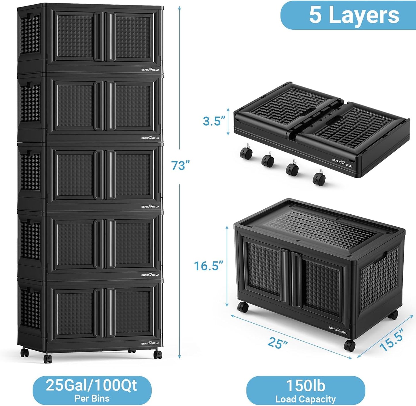 500Qt Stackable Storage Bins with Lids, 125Gal Closet Organizers and Storage Drawer, Plastic Collapsible Storage Bins with Doors, Heavy Duty Store Box Cabinet for Home Office, 5Pack Black