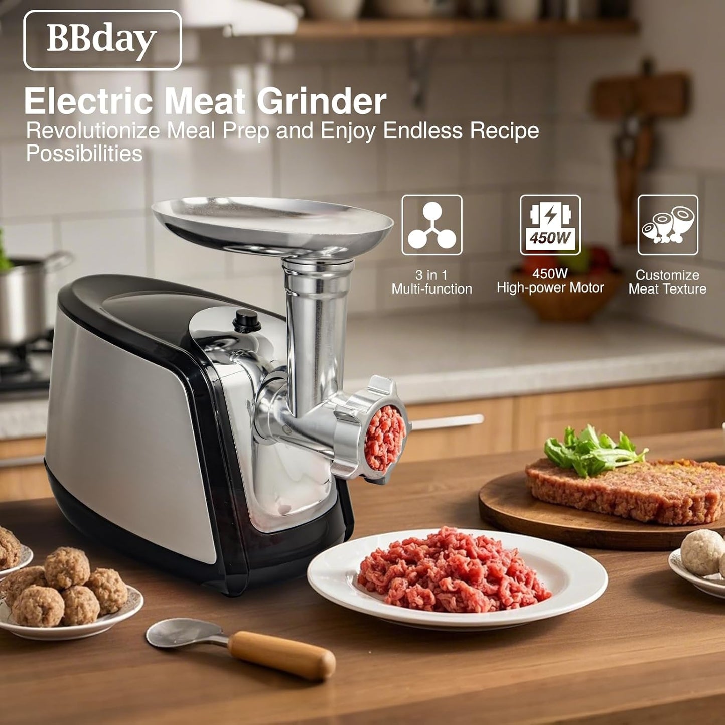 Electric Meat Grinders for Home Use, 3000W Max Sausage Stuffer Machine Kitchen Meat Grinder Heavy Duty With 3 Grinding Plates, Sausage Maker Tubes & Kubbe Kit Stainless Steel Food Grinder