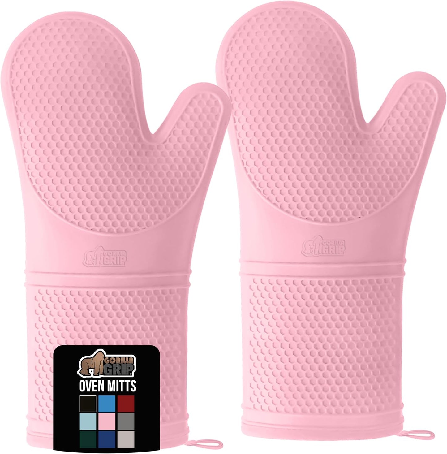 GORILLA GRIP BPA-Free Soft Silicone Oven Mitts, 14.5x8.3, Heat Resistant and Waterproof Cooking Gloves, Thick Cotton Lining, Flexible Gripping for Baking Grilling, Kitchen Potholders Set of 2, Pink