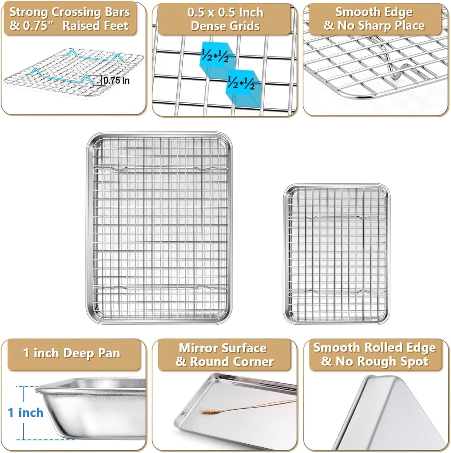 P&P CHEF 12.5 + 9 Inch Baking Sheet and Rack Set, Stainless Steel Cookie Sheets Oven Baking Pans Trays with Cooling Racks for Cooking & Roasting, Oven & Dishwasher Safe, (4Pcs)