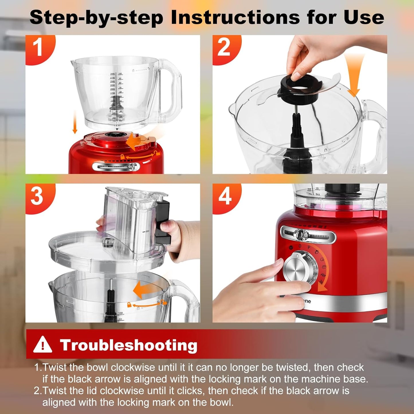 Homtone 16 Cup Food Processor, Large Food Processors, 6 Preset Modes Vegetable Chopper Electric, 6 Blades 8 Functions for Home Use, Stepless Speed Control, 650W, Red