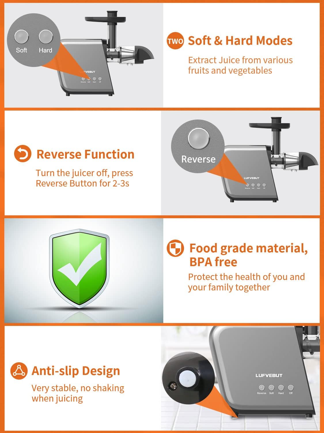 Electric Juicer Slow Smart Home Juicer Machines for Fruits Vegetable Ginger Beets Carrots Celery Cold Press Masticating Juicer Extractor Dishwasher Safe Quiet Motor Easy To Clean with Reverse Function