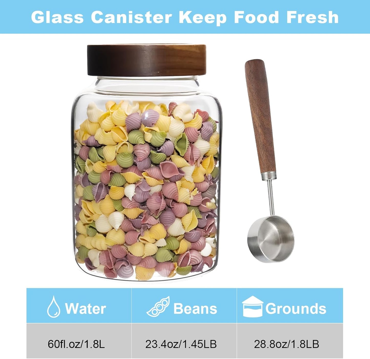 Glass Spice Jar Coffee Sugar Container Airtight Glass Jar Food Storage Canisters Bottle for Kitchen Seasoning Tea Herb Overnight Oats Bar Parfait Snacks (1800(60oz)-1 pack-with spoon)