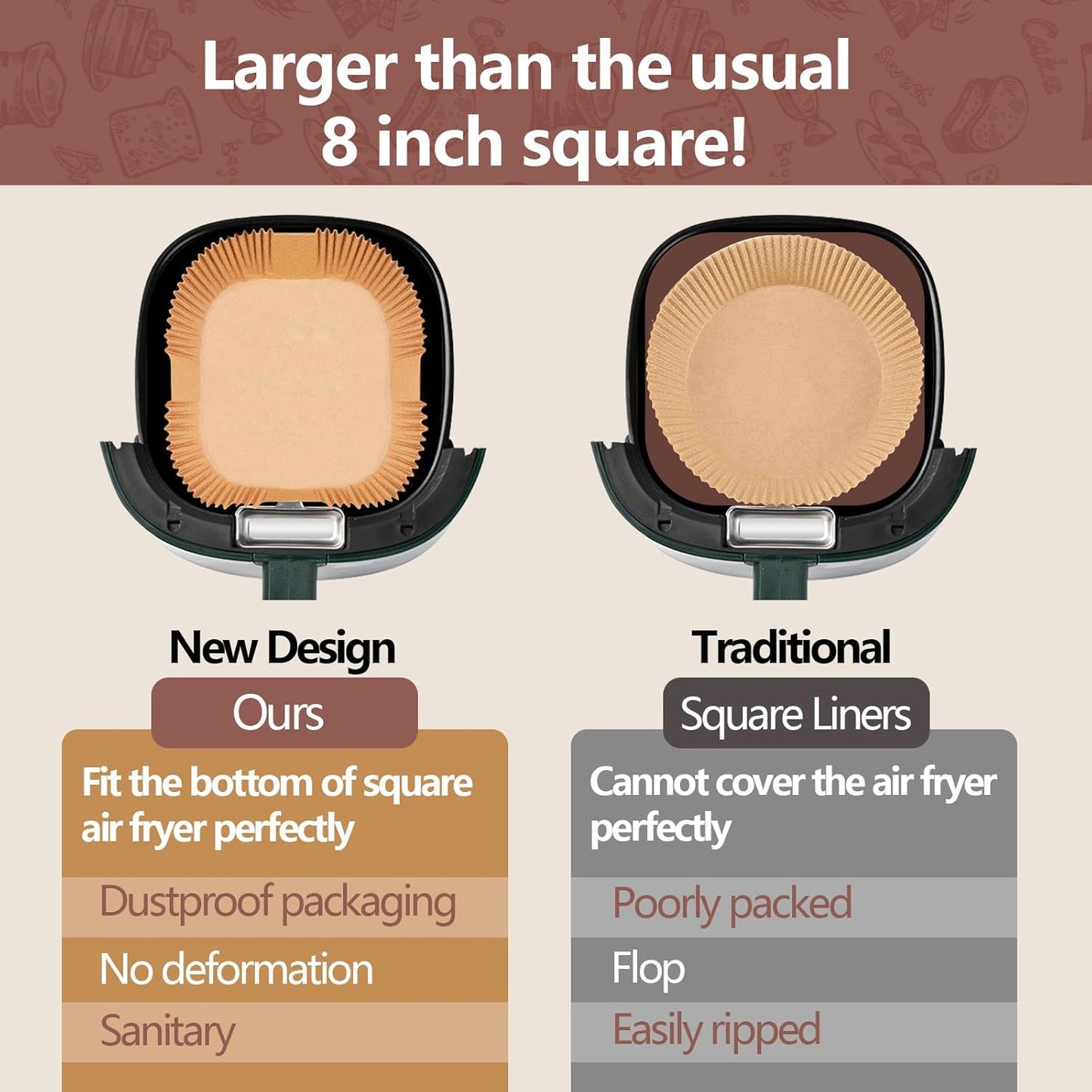 UBeesize 9-Inch Air Fryer Parchment Liners - 200 Pack, Square Non-Stick Disposable Paper Sheets for Microwave & Air Fryers, Unbleached Baking Sheets (8-Inch Base)