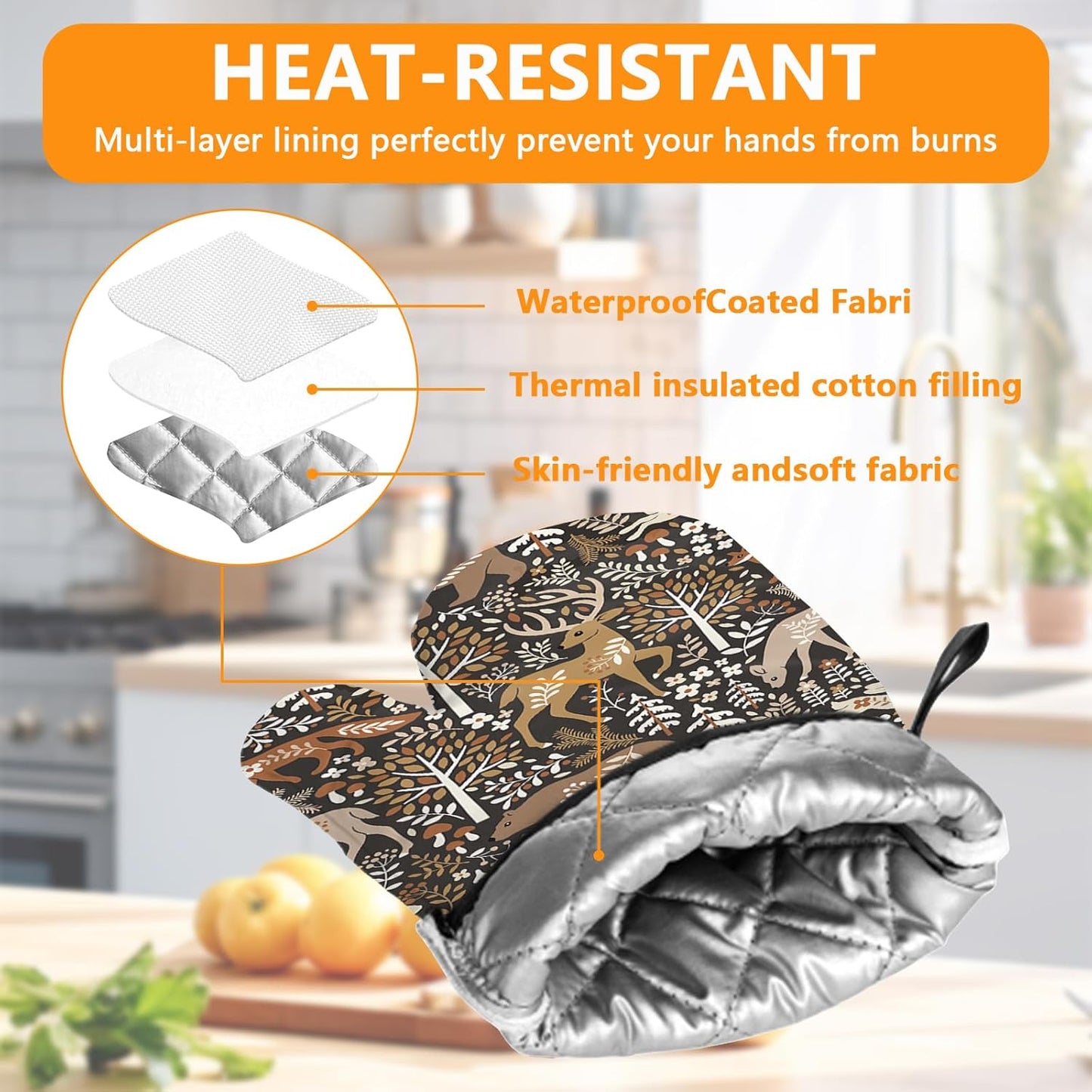 Bear Deer Oven Mitts and Pot Holders Sets 4Pcs,Extra Long Oven Gloves Potholder for Kitchen Cooking Baking BBQ 100% Cotton Heat Resistant