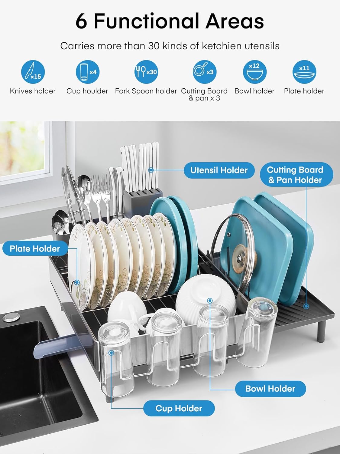 FOHERE Large Dish Drying Rack, Expandable Dish Rack, Stainless Steel Dish Rack for Kitchen Counter, Anti-Rust Dish Drainer with Cutlery & Cup Holders for Dishes, Knives, Spoons and Forks, Grey