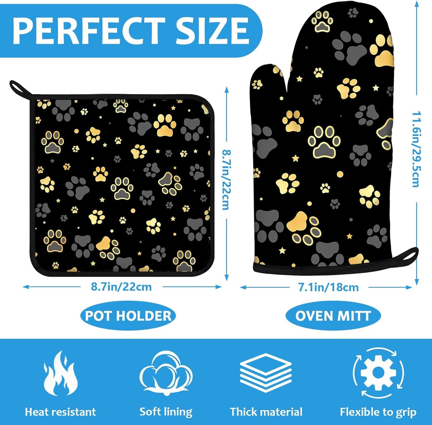 Gold Dog Paw Print Oven Mitts and Pot Holders Sets Heat Resistant 4Pcs Potholders Oven Gloves Hot Pads for Kitchen Baking Cooking Grilling BBQ