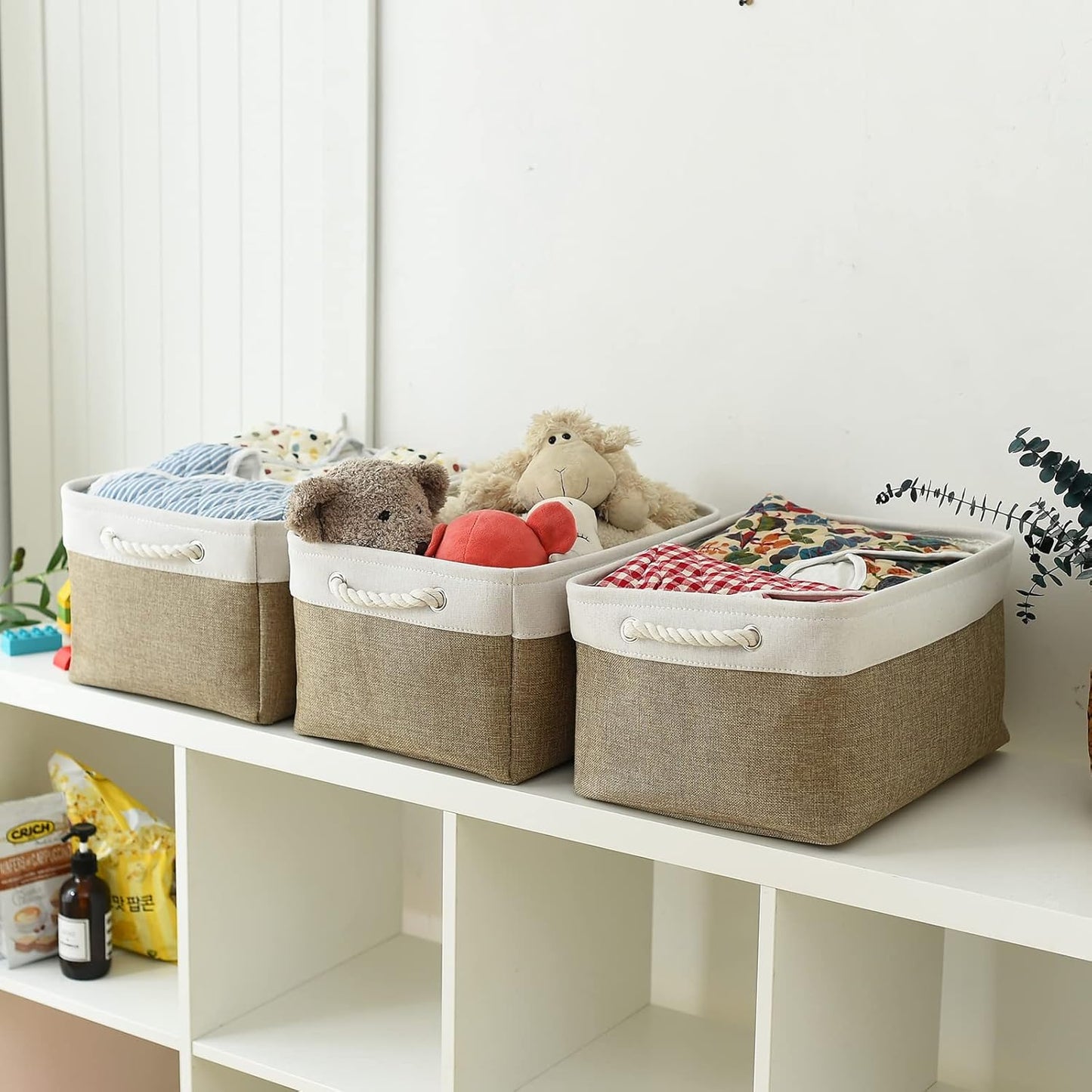 TheWarmHome Storage Basket for Organizing- 15.7x11.8x8.2 inch 1 Pack Fabric Storage Cubes for Shelves Organizer Book Gift Laundry Box Cloth Toy (Whiet & Khaki)