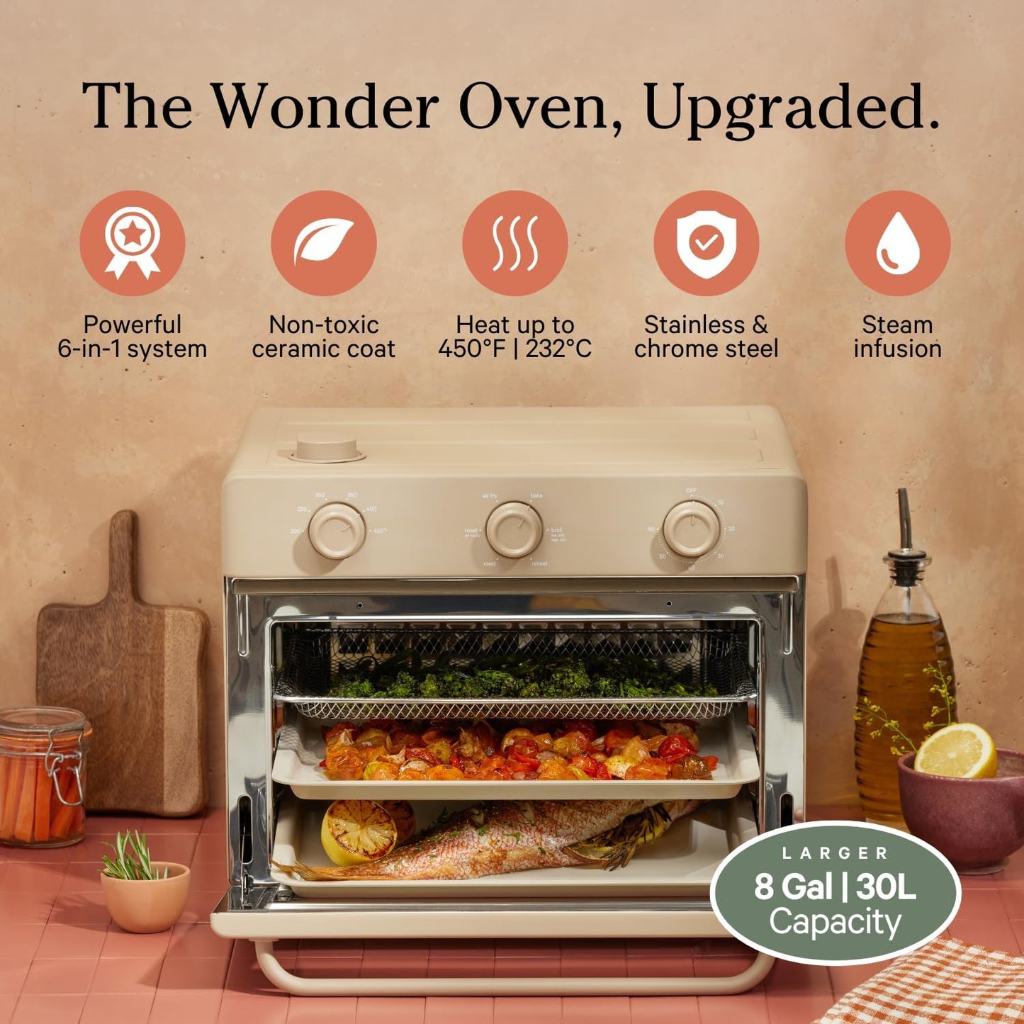 Our Place Large Wonder Oven | 6-In-1 Toxin-Free Air Fryer & Toaster with Steam Infusion | Family-Sized 32QT, 1700W Countertop Design | Includes Bake Tray, Fryer Basket, Large Racks | Steam