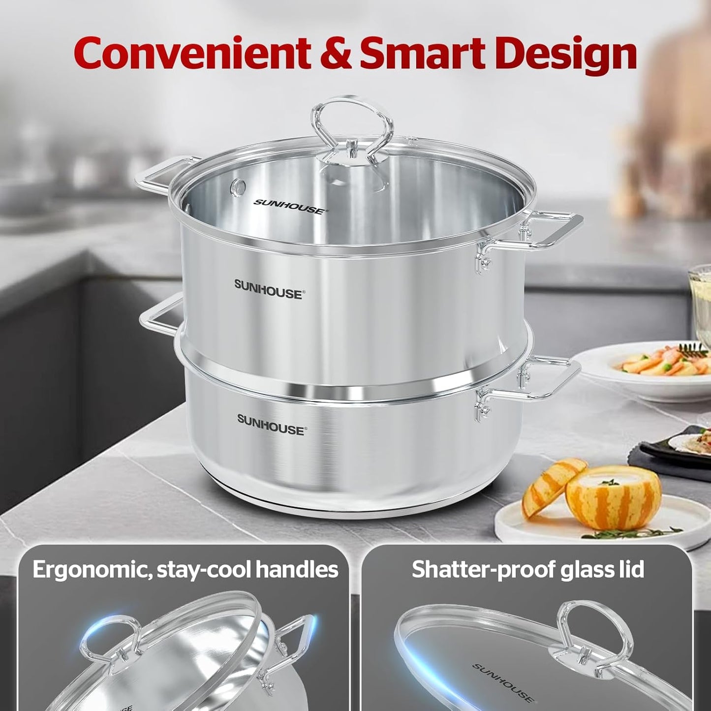 [New Version] Sunhouse 2-Tier Stainless Steel Steamer Pot with Lid - Larger 5.5 QT Steamer & 3.8 QT Stockpot Base - Induction Ready, Compatible with All Cooktops