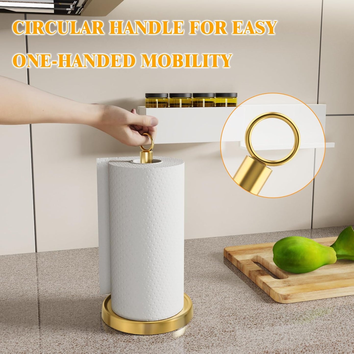 Gold Paper Towel Holder Countertop, Gold Kitchen Accessories Decor, One-Handed Tear, Stainless Steel, Weighted Base, Ring Paper Towel Holder Stand with Ratchet System for Kitchen Farmhouse Essentials
