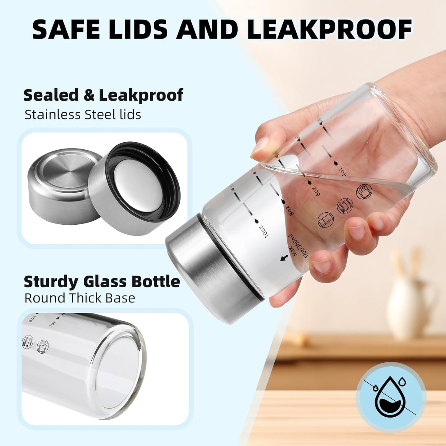 Glass Juice Bottles 6 Pack 12 oz - Wide Mouth Glass Water Bottles with Lids - Borosilicate,Stainless Steel Lids for Juicing, Smoothies, Infused Water, Beverage Storage, Leakproof, Reusable,BPA Free