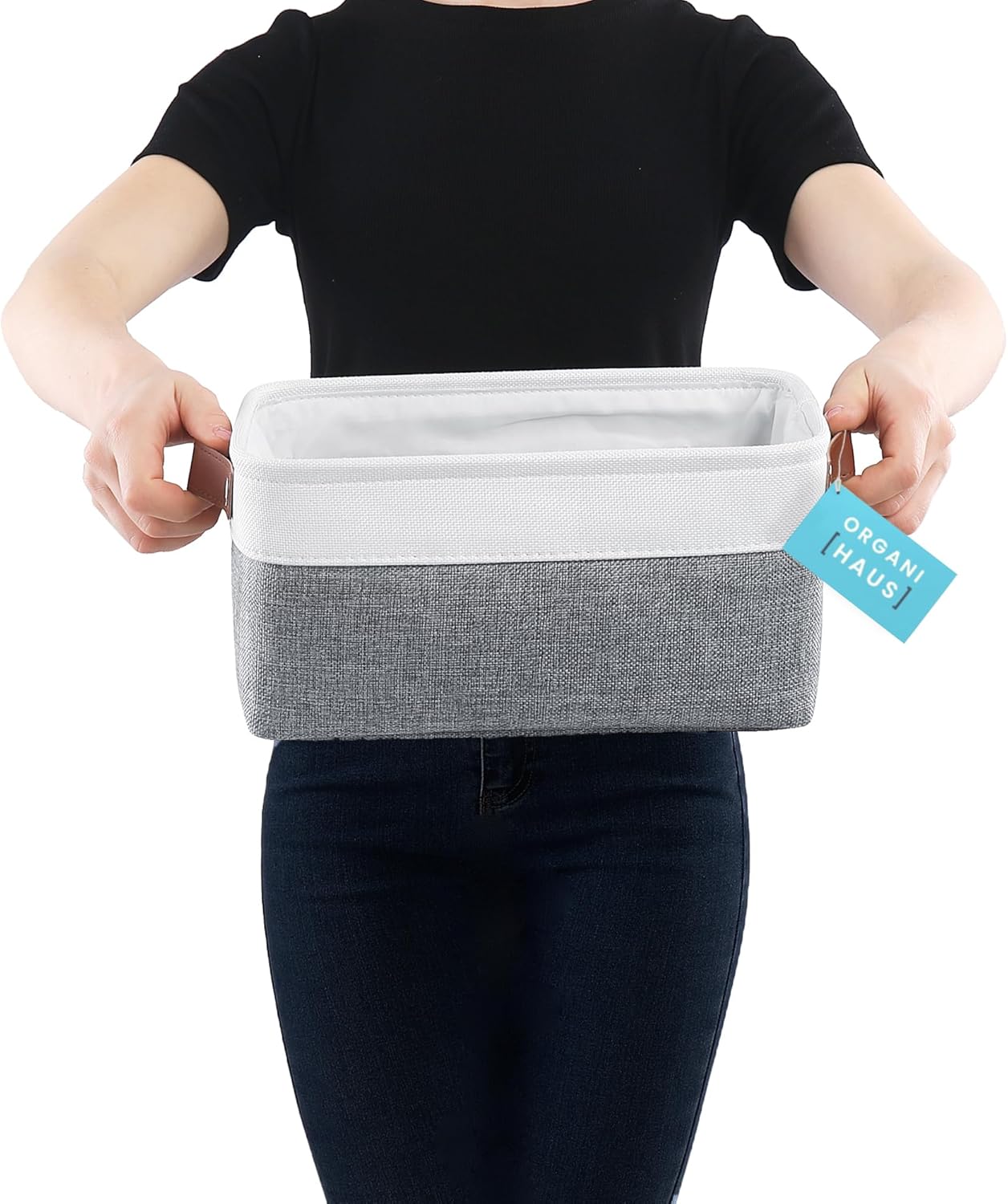 OrganiHaus Small Fabric Storage Bins for Shelves 3 Pack, 12x8in Closet Storage Bins for Shelves, Cloth Baskets for Organizing, Linen Closet Organizers, Fabric Basket, Shelf Organizer Bins Gray/White