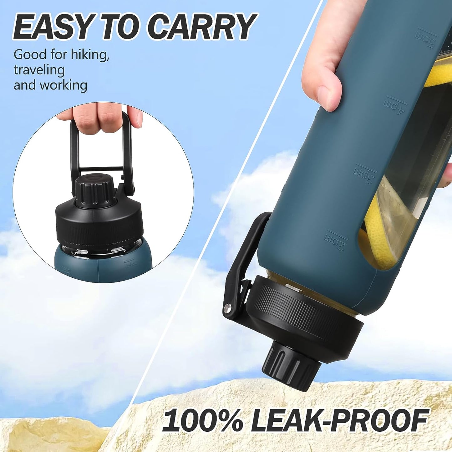 Glass Water Bottle with Straw, 24oz Glass Drinking Bottle with 2 Lids-Bamboo and Spout Lid with Phone Holder Handle for Gym Sports,with Silicone Sleeve and Time Marker,Dark Blue