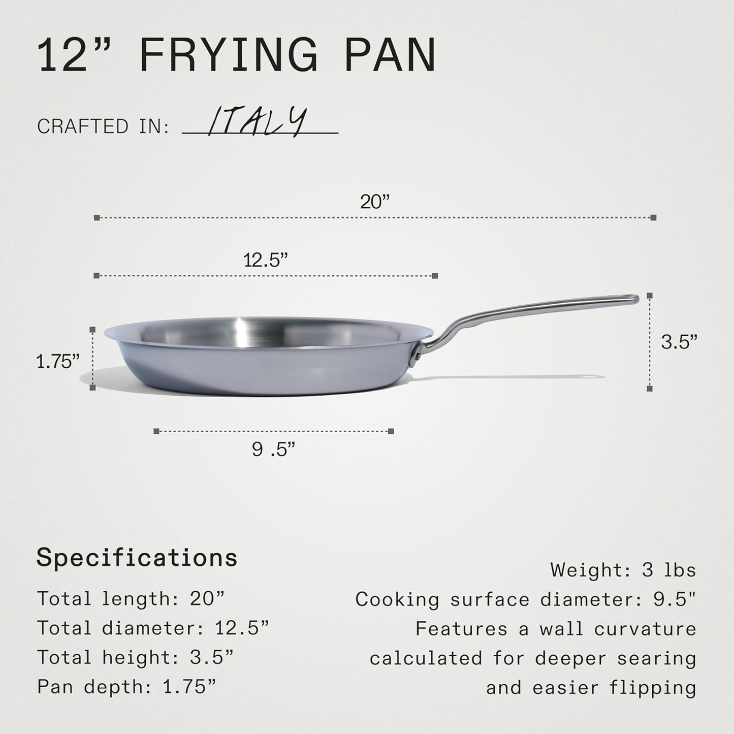 Made In Cookware - 12-Inch Stainless Steel Frying Pan - 5 Ply Stainless Clad - Professional Cookware - Crafted in Italy - Induction Compatible