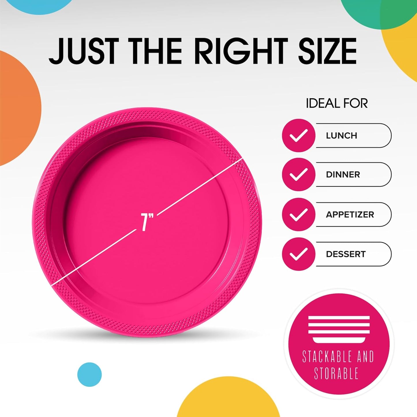 Exquisite Party Solids Hot Pink Plastic Plates For Party 7" Hot Pink Disposable Plates Heavy Duty Supplies 100 Pcs Plastic Dinnerware Sets Heavy Duty 350 GSM Disposable Dinnerware Set