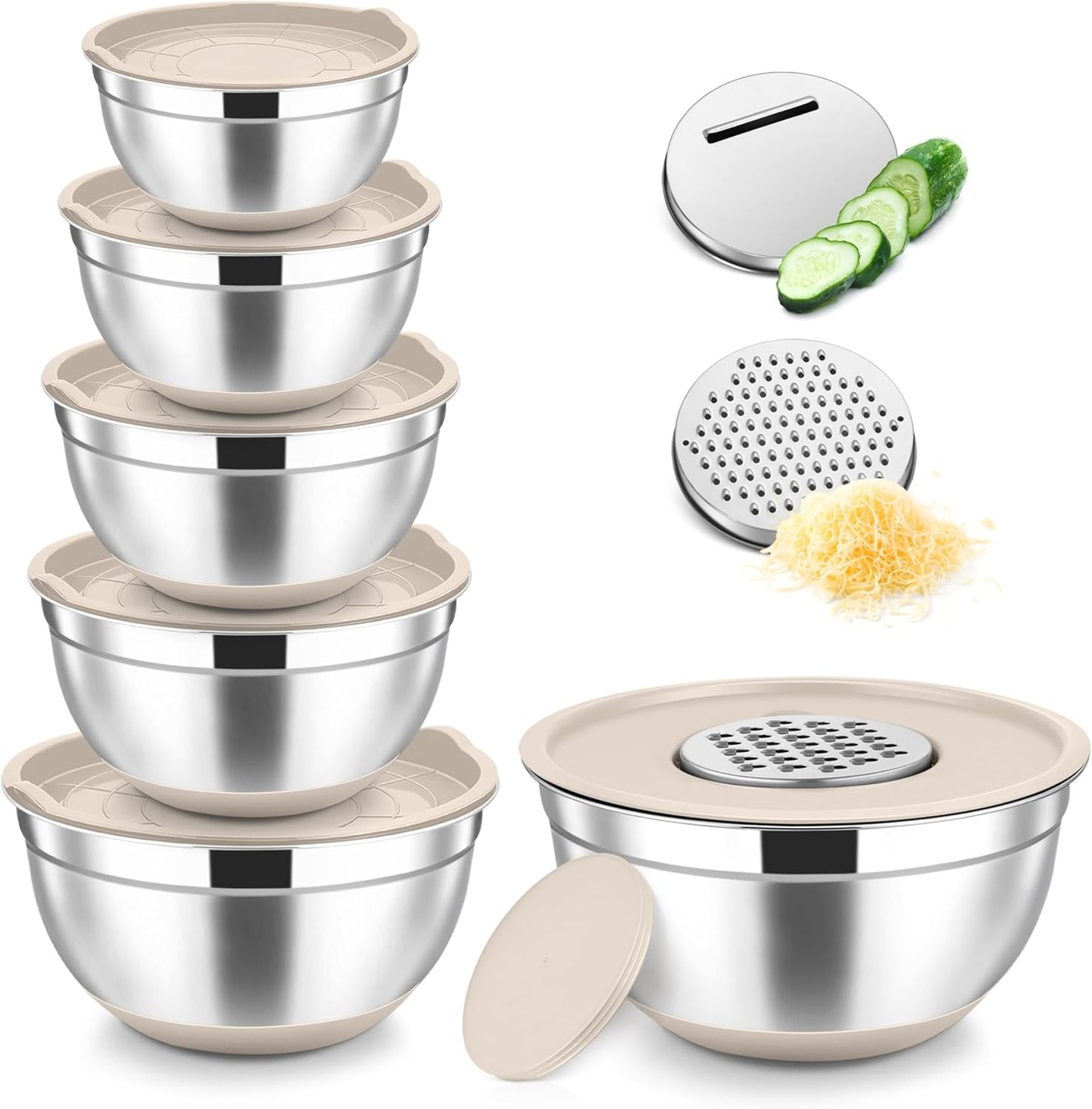 TeamFar Mixing Bowls, Stainless Steel Nesting Salad Bowl with Lids & 3 Graters, For Kitchen Cooking Serving Prepping, Airtight & Non-Slip, Size 4.6/3.5/2/1.5/1/0.7 QT, Set of 5 & Khaki