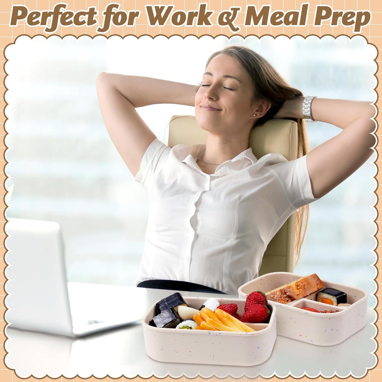 Honeydak 4 Pcs Silicone Bento Lunch Box 3 Compartment Reusable Leakproof Silicone Bento Lunch Container for Adults Microwave Dishwasher Freezer Safe(Beige)