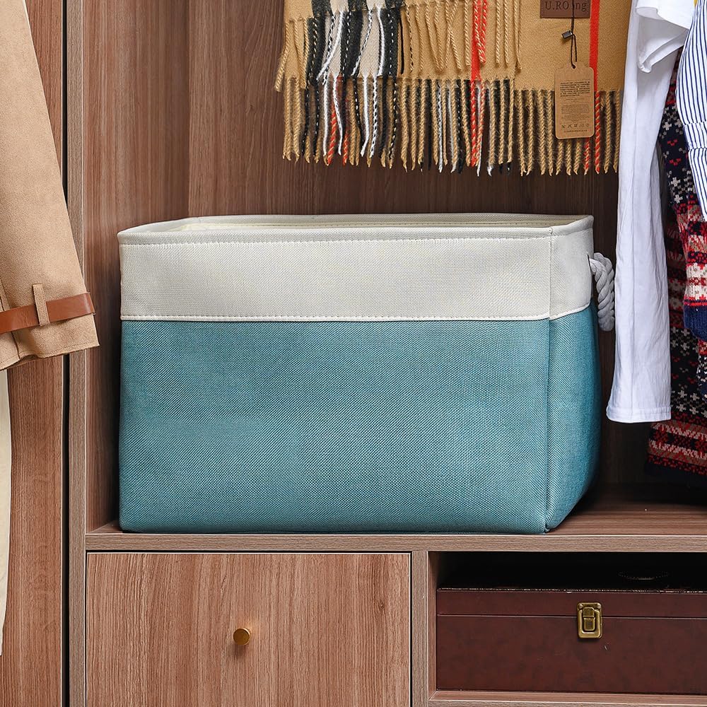 TheWarmHome Storage Bin for Shelves - Extra Jumbo 3 Pack 20.5L×15.7W×13.8H Storage Basket for Organizing, Fabrin Storage cubes with Drawstring Cover for Living Room Bedroom Decor Closet（White & Green