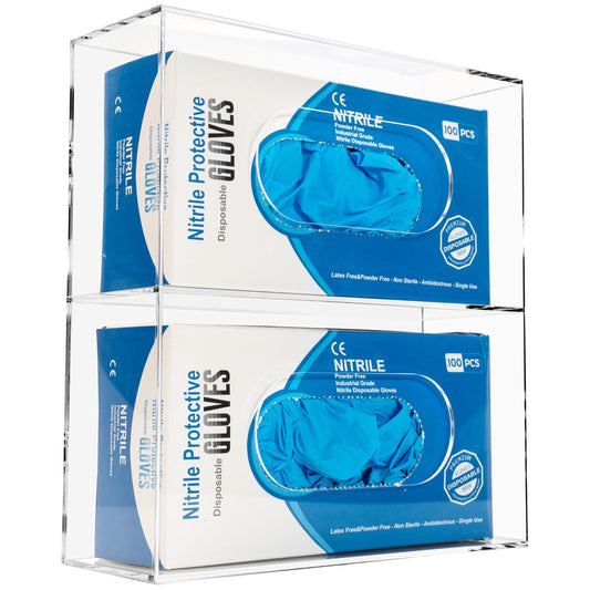 Glove Box Holder Dispenser Acrylic Double Side Loaded Clear Rack Storage Organizer for Medical, Latex, Rubber, Nitrile, Exam, Disposable Glove Boxes and Face Mask Holder Standing or Wall Mount