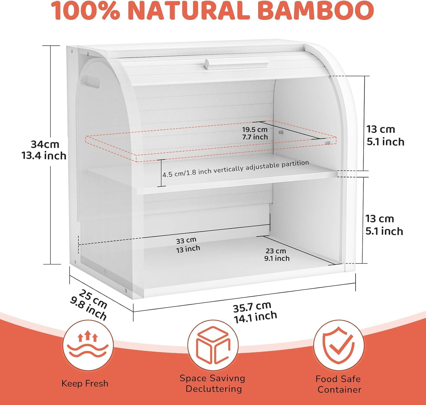 G.a HOMEFAVOR Bread Box: Large 2-Tier Bamboo Roll Top Bread Storage Container for Kitchen Counter, Bread Holder Food Bin for Countertop, Self-Assembly, White