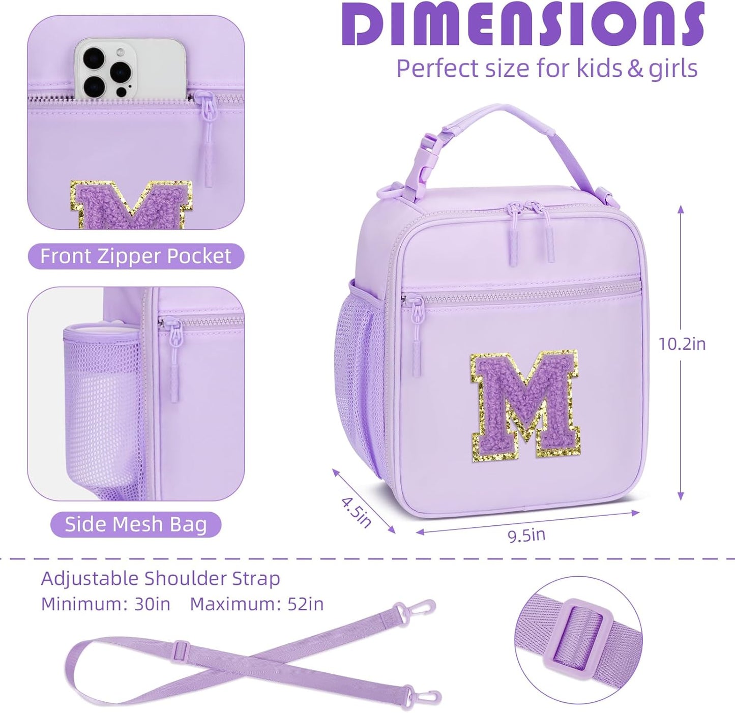 Initial Insulated Lunch Bag for Girls Kids, Back to School Gift, Reusable Leak-proof Lunch Box with Adjustable Strap for School Daycare Travel Picnic (Purple,M)