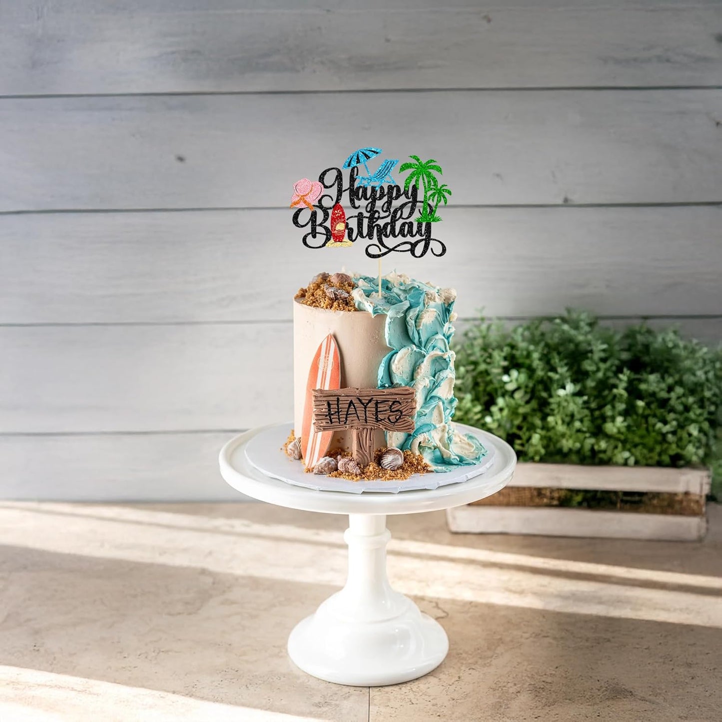 Gyufise 1Pcs Summer Beach Happy Birthday Cake Topper Glitter Ball Tree Umbrella Pool Cake Pick for Hawaiian Holiday Baby Shower Birthday Party Cake Decorations Supplies Black