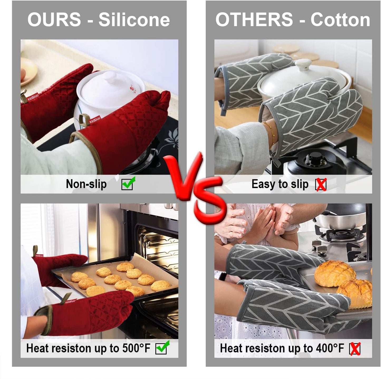 KEGOUU Oven Mitts and Pot Holders 6pcs Set, Kitchen Oven Glove High Heat Resistant 500 Degree Extra Long Oven Mitts and Potholder with Non-Slip Silicone Surface for Cooking (Red)