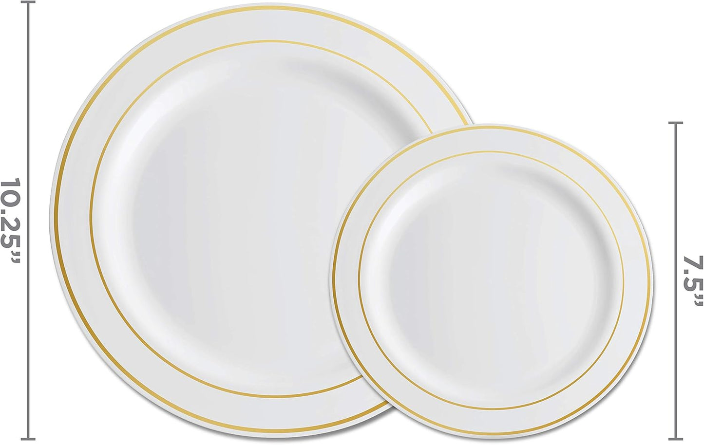 Munfix 100 Piece Plastic Party Plates White Gold Rim, 50 Premium Heavy Duty 10.25 Inch Dinner Plates and 50 Disposable 7.5 Inch Dessert Appetizer Elegant Fancy Heavy Duty Wedding Plates
