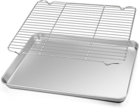 TeamFar Baking Sheet with Rack Set, Stainless Steel Baking Pan Cookie Sheet with Cooling Rack, Size 17.6 x 13 x 1inch, Non Toxic & Heavy Duty, Easy Clean & Dishwasher Safe